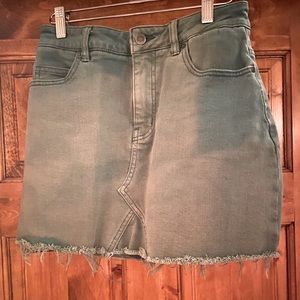 Distressed faded teal/green denim skirt